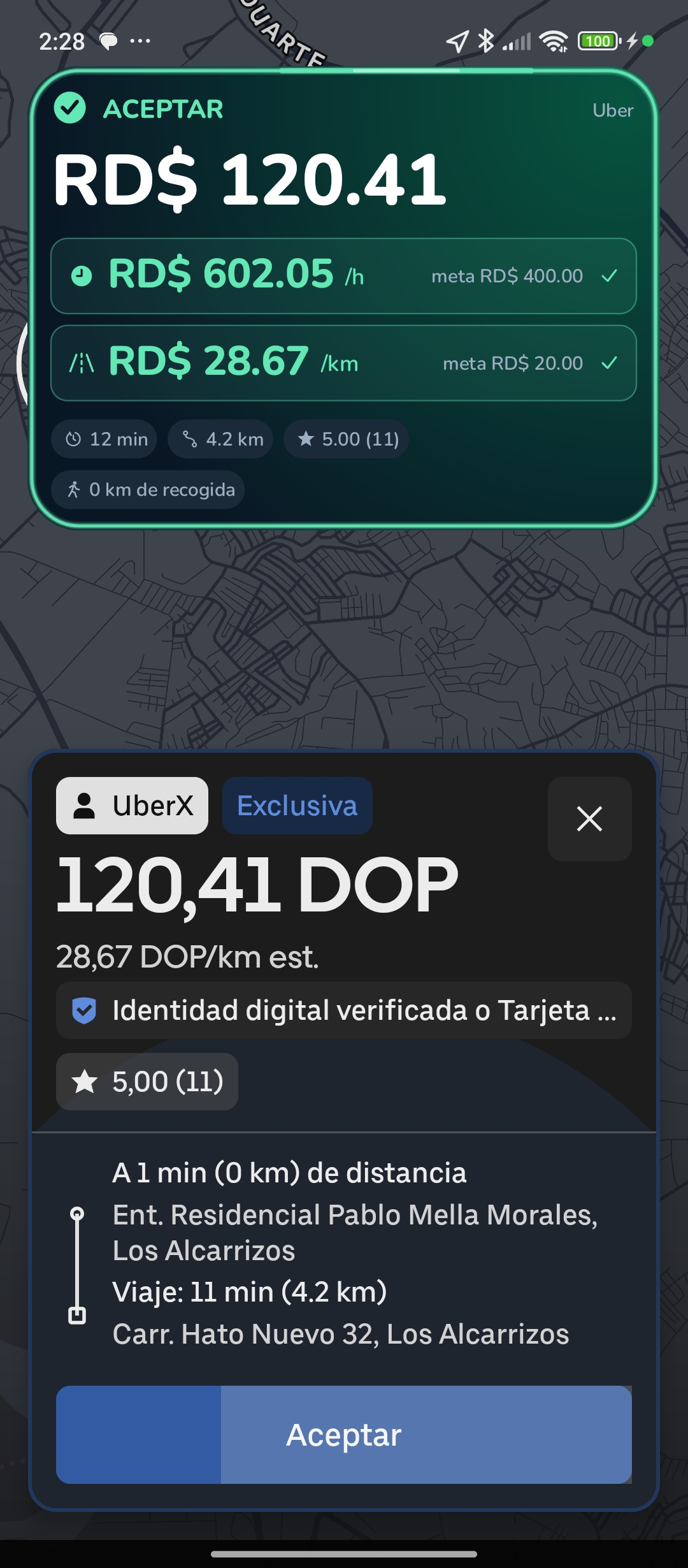 Captura real de VIABLES sobre una oferta de Uber en el Xiaomi