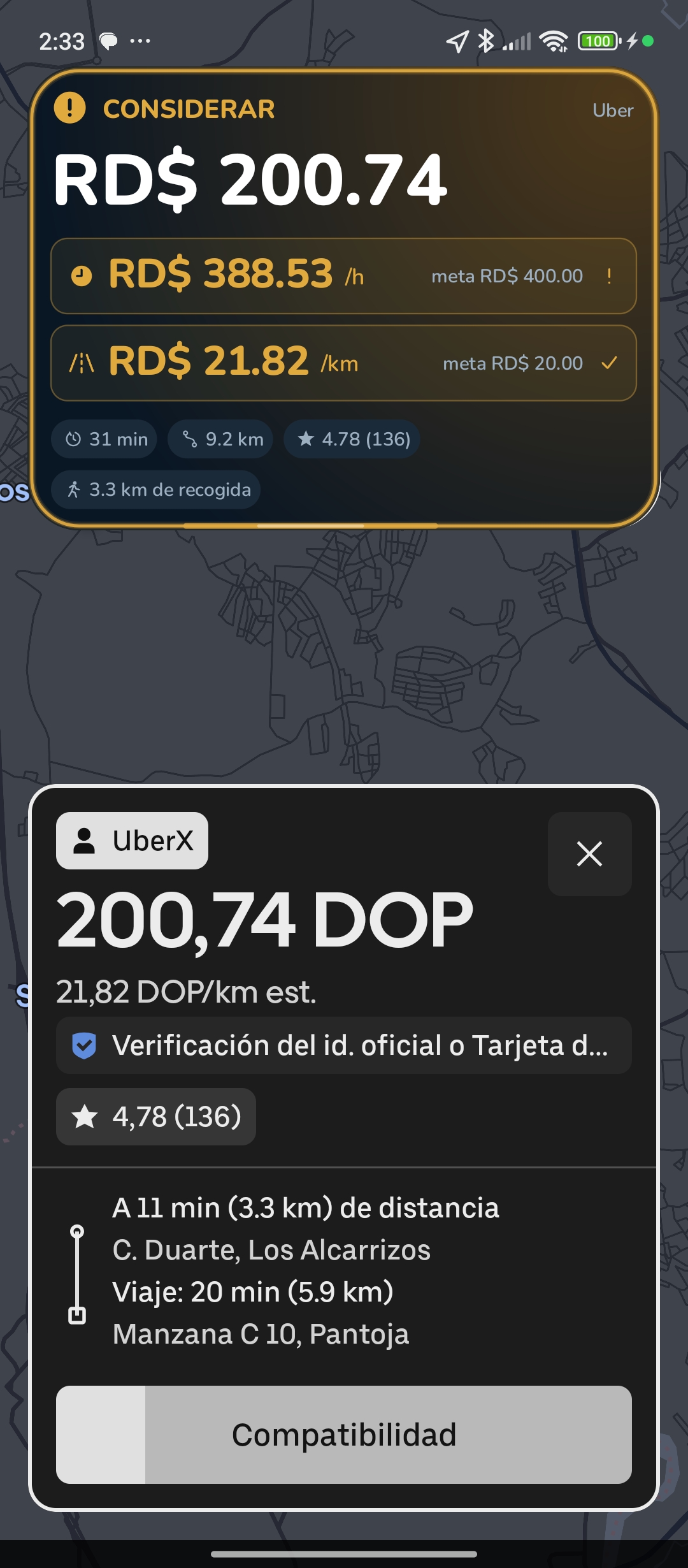 Captura real del estado CONSIDERAR de VIABLES sobre Uber