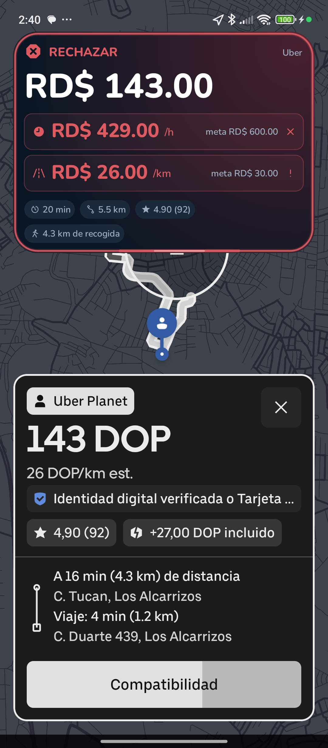 Captura real del estado RECHAZAR de VIABLES sobre Uber